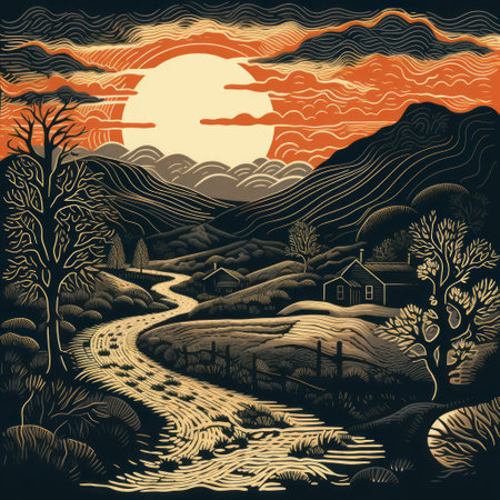 a black and white digital print captures a serene sunset over a river and woods, reminiscent of the artistic styles of don blanding and dan mumford. the contrasting colors of light orange and dark black create a striking visual. this print celebrates rural life with woodcut-inspired graphics and a rustic texture, showcasing isolated landscapes. ai generatedの素材