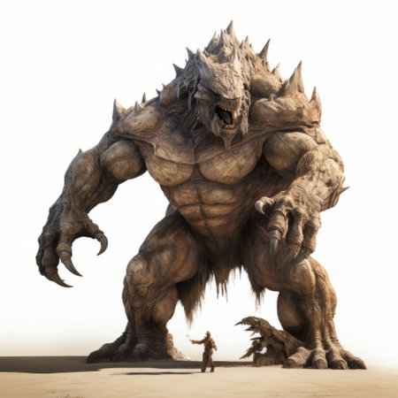 a massive, hyper-detailed monster strides across the desert in this realistic rendering. the sculpture showcases a light bronze and white color palette, evoking a medieval fantasy atmosphere. with its dynamic and action-packed appearance, this 20-megapixel image captures the essence of the frogcore genre. ai generatedの素材