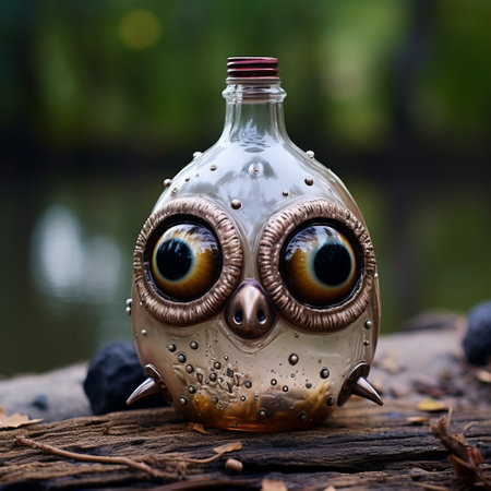 a small bottle featuring a cute owl, showcasing a surreal animal hybrid design. captured with a canon eos 5d mark iv, the owl's shiny eyes add a captivating touch to the outdoor art piece. the bottle's color palette combines dark silver and light amber, reminiscent of balinese art. this unique creation blends elements of cybermystic and steampunk aesthetics. ai generatedの素材