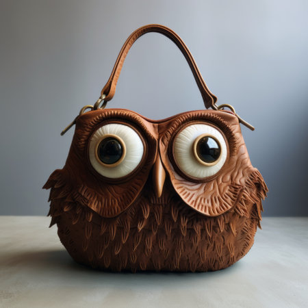 an owl handbag with expressive eyes, captured in a c4d file image 0. this unique handbag, inspired by the styles of elke vogelsang, leatherhide, grant wood, and david wiesner, showcases a found-object-centric design. the intricate details and expressive characters make this owl handbag a standout accessory. ai generatedの素材
