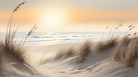 a painting of beach dunes in front of a stormy coastal ocean, featuring color gradients and a romantic illustration style. the painting showcases light orange and light gray tones with detailed shading, creating a captivating visual. with an 8k resolution, the image is highly detailed, and the sunrays shining upon it add a touch of warmth and beauty to the overall illustration. ai generatedの素材