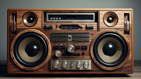 an old wood sound system with an antenna, showcasing hip hop aesthetics. this vintage piece, captured with minimal retouching using the fujifilm x100v, exudes an epic and interactive vibe. its creased appearance adds to its fawncore charm. ai generatedの素材