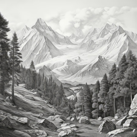 a black and white drawing of snowy mountains and trees, reminiscent of the grandeur of scale found in david michael bowers' artwork. this piece captures the essence of ludwig fahrenkrog's realistic landscape paintings, with its historical illustration style and detailed shading. the tender depiction of nature in this drawing is truly captivating. ai generatedの素材