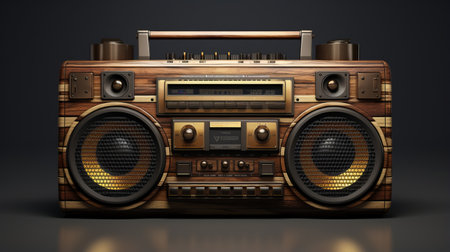 a boombox, featuring varying wood grain patterns, is showcased on a dark background. this 32k uhd photograph captures the essence of robert venosa's golden age aesthetics and jan van ravesteyn's vintage aesthetics. the boombox not only exudes a stylish appeal but also offers functional aesthetics. ai generatedの素材