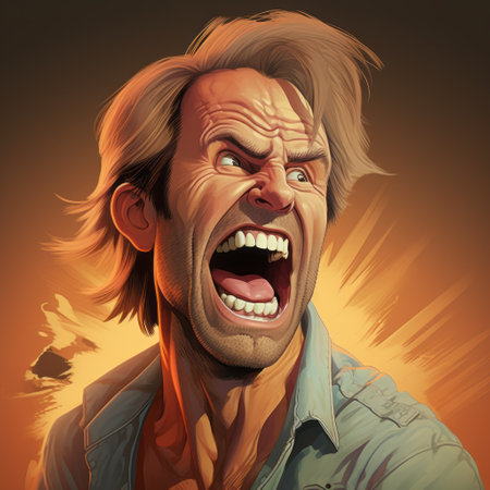 an angry orange man, reminiscent of artgerm's style, is captured in this intense portrait. with a screaming expression, this artwork showcases the artist's talent for celebrity portraits and charming character illustrations. the use of vibrant colors and the influence of artists like terry redlin and clint langley add depth to this 8k image, while the inclusion of cartoon violence adds an edgy touch. ai generatedの素材