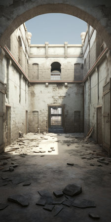 an empty prison cellar with broken floor boards, showcasing the captivating play of light and shade. this stunning image, rendered in the style of octane render, features classical architecture and weathered materials. created by the talented artist kieran yanner, this artwork beautifully captures the eerie atmosphere of the abandoned space. ai generatedの素材