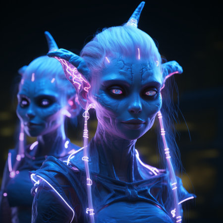 two cute enlightened elven women in shiver, captured in a cyberpunk-inspired image. the volumetric lighting adds a captivating touch to this close-up shot. the artwork by fenghua zhong and nicolas delort showcases a mesmerizing blend of bioluminescence and nightmarish creatures. ai generatedの素材