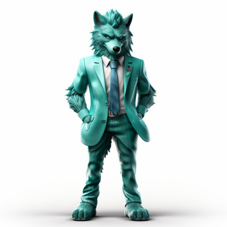 a purple wolf, depicted in a dark turquoise 8k 3d style, is seen wearing a suit. this corporate punk-inspired drawing showcases isolated figures made of liquid metal, with a combination of dark green and white colors. the artwork has a crisp and clean look, capturing the unique aesthetic of the subject. ai generatedの素材