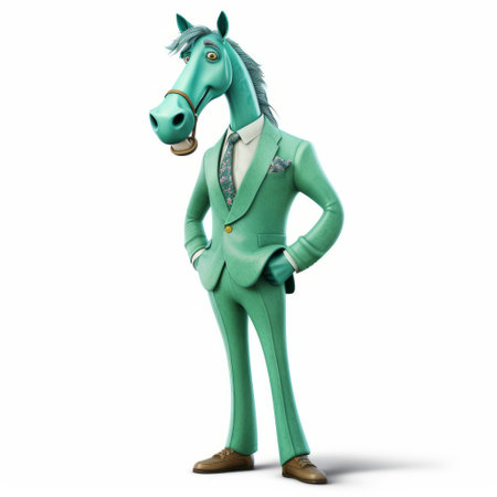 a small, green costumed horse stands with arms crossed, showcasing satirical caricature style. this photorealistic rendering features teal hues and inventive character design, creating an elegantly formal and visually striking image. ai generatedの素材