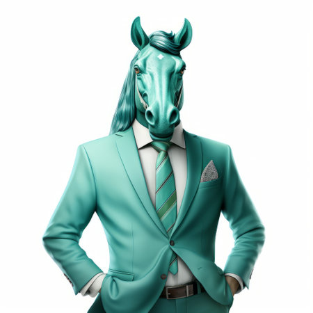 a man in a dress and tie wearing a helmet is depicted in this photo. the artwork is done in the style of realistic animal portraits, with a light emerald and silver color scheme. the overall aesthetic can be described as corporate punk and unicorncore, featuring a cartoonish character design. the image showcases the artist's skill in creating realistic equine paintings, with the figure beingの素材