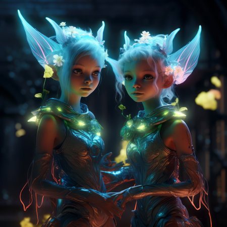 a couple of little elves in greens, captured in the style of unreal engine 5, showcase a futuristic glamour. the image features a combination of light blue and light amber tones, creating a captivating contrast against the dark and intricate details. with vray tracing, these mystical portraits exude a floralpunk aesthetic. ai generatedの素材