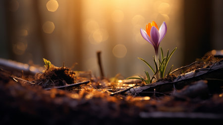 this photo captures the beauty of spring with vibrant green crocus flowers in full bloom, basking in the warm sunshine. the dark violet and light brown hues add a touch of fantasy to the landscape-focused composition, reminiscent of the style of filip hodas and martin stranka. this high-resolution, uhd image makes for a stunning nature wallpaper or captivating photograph. ai generatedの素材