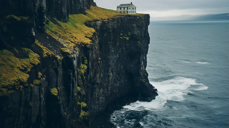 a house perched on a cliff gazes over the ocean, surrounded by majestic mountains and icy cliffs. captured in the style of ricoh gr iii with tilt-shift effect, this breathtaking scene showcases the beauty of dutch landscapes. the contrasting colors of dark, white, and green evoke a classical and historical genre, creating a stunning visual experience. rtx on. ai generatedの素材