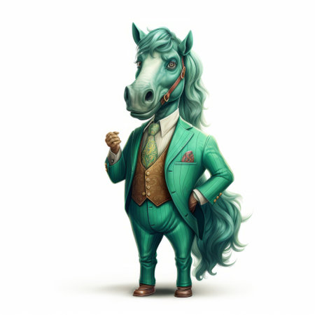 a green cartoon horse in a suit and tie, reminiscent of victorian-inspired illustrations, is depicted in this hyper-realistic representation. the light cyan and gold color scheme adds an elegant touch to this editorial illustration. this uhd image showcases the charming character of the horse, making it a cranberrycore favorite. ai generatedの素材