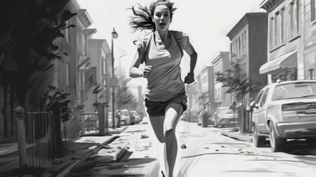 mcqueen character from the walking dead is depicted in a hyperrealistic illustration, resembling a cityscape. the artwork features a high-contrast shading in white and gray, showcasing the expressive comic panels. this hyperrealist piece, created with the ferrania p30 film, won a contest for its stunning portrayal of the running mcqueen character. ai generatedの素材