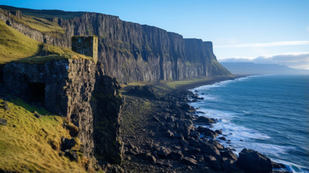 the photo showcases a stunning view of rocks on the shore, accompanied by a grassy cliff. the scene resembles grandiose ruins, with intricate celtic knotwork patterns. this national geographic photo captures the essence of both the northern and southern dynasties. the image is multilayered, featuring greeble elements and a pop-culture-infused atmosphere. ai generatedの素材