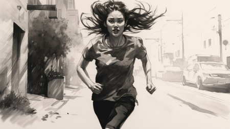 a woman running down a city street, captured in a realistic hyper-detailed portrait. this black and gray contemporary asian art piece showcases strong facial expression and a candid portraiture style. the ink wash technique adds depth and texture to the artwork, creating a captivating visual experience. ai generatedの素材