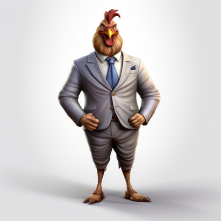 an animated chicken character is depicted in this photorealistic representation. the character design showcases a wealthy portraiture style, with a full body depiction. the concept art embraces the roguecore aesthetic, combining humorous imagery with an elegantly formal approach. ai generatedの素材