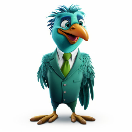 a small bird wearing a turquoise and green business suit stands out in this zbrush-created image. the bird's attire reflects a unique style, while its exaggerated expressions add a touch of action-packed cartoon vibes. the image captures the essence of working-class empathy, with a hint of firecore energy. velvia enhances the colors, making the bird's outfit even more eye-catching. ai generatedの素材