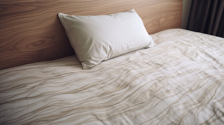 a single bed with white linens and pillows featuring striated resin vein patterns. the muted tonalities and soft focus create a soothing ambiance. the bed has a light brown and light beige color scheme, with smooth curves and horizontal stripes adding a touch of elegance. ai generatedの素材