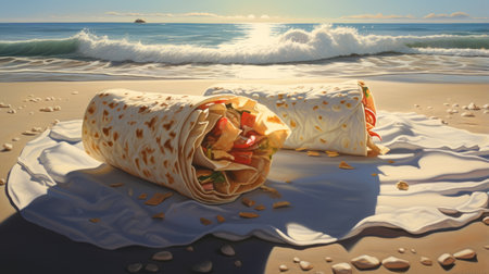a burrito rests on a beach towel, resembling a realistic marine painting. the scene captures the essence of rollerwave and light-filled seascapes, reminiscent of the artistic styles of the brothers hildebrandt. this contemporary turkish art piece showcases a detailed and realistic rendering, creating a unique fusion of snailcore aesthetics. ai generatedの素材