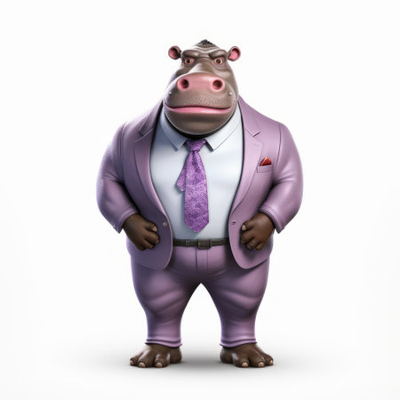 a cartoon character, inspired by hyper-realistic animal illustrations, stands in front of a vibrant pink suit. holding a white shirt and tie, this character embodies a unique blend of art styles, reminiscent of the works of fernando botero and the art of the congo. the illustration showcases a smooth and shiny appearance, with a touch of light violet, creating a visually captivating image. ai generatedの素材