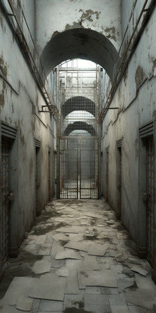 a dark interior model, reminiscent of imaginative prison scenes, featuring grungy textures in light gray and bronze. the space is characterized by arched doorways and showcases a realistic usage of light and color. rendered in maya, this photo-realistic image captures the eerie atmosphere of a prison setting. ai generatedの素材