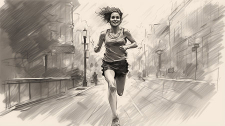 a group of women can be seen running through a bustling city in this realistic portrait drawing. the sepia tone adds a vintage touch to the hyper-detailed and realistic renderings. the artist's brushwork is free and soggy, creating a unique and comic art style. the brushstroke-intensive portraits capture the energy and movement of the women as they run. ai generatedの素材