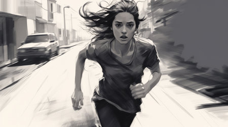 a woman running down the road in intense portraiture style. this black and gray illustration showcases hyper-realistic portraits with youthful protagonists. the blurry details add depth to the character studies. ai generatedの素材