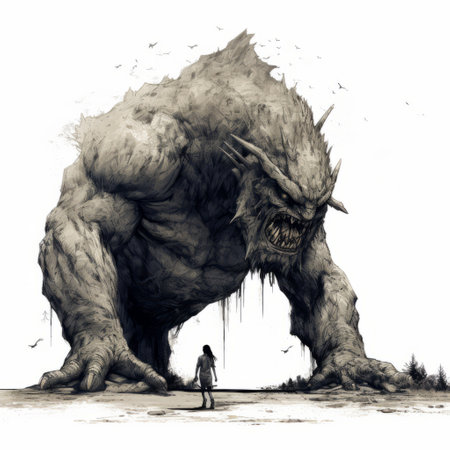 a black and white digital painting featuring an old monster in a gigantic scale. this concept art showcases the realistic watercolor style, reminiscent of the art of the upper paleolithic era. the illustration captures a fantasy-based creature, creating a visually captivating piece. ai generatedの素材