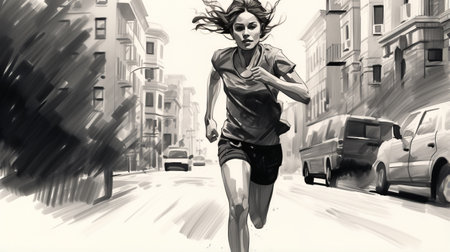 a woman running down a city street in a realistic hyper-detailed style. the clean and sharp inking captures the intricate details of the scene. the expressive character design adds depth to the portrait. the precisionist, loose, and painterly style creates a captivating black and white rendering. ai generatedの素材