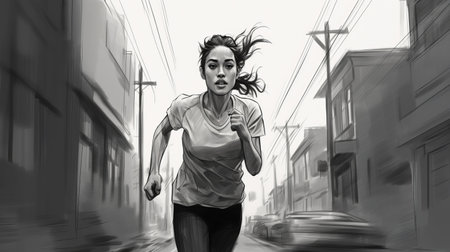 a woman running on the streets of a city is depicted in this intense portrait by an artist. the artwork showcases elements of 2d game art and contemporary asian art, with a dark gray and white color palette. the realistic portrait captures the woman's strong facial expression, making it a compelling piece for character studies. ai generatedの素材
