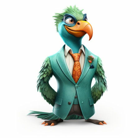 a parrot, inspired by tiago hoisel's style of 2d game art, is seen wearing a suit and tie. the parrot's vibrant emerald and bronze colors add to its charm. with naturalistic proportions and a bugcore twist, this recontextualized character is truly unique. ai generatedの素材