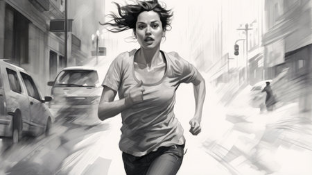 a woman running is depicted in this image, showcasing a realistic hyper-detailed portrait in the style of noir comic art. the color palette consists of white and gray, while the background features busy landscapes. the artwork reflects the skills of a realistic portrait painter and is reminiscent of editorial illustrations and precisionist art. ai generatedの素材