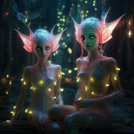 two fairies, dressed as elves, are captured in a forest setting. this photo showcases the unique blend of vray tracing, neon realism, and cyberpunk realism. with its 8k resolution, the image displays a stunning level of detail. the color palette features a contrast between dark white and light cyan, creating a captivating visual effect. the fairies themselves are intricately designed, appearing to be made ofの素材