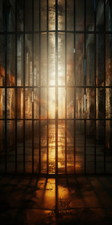 a photo of a house with prisoners behind open bars is captured during prison day, showcasing a play of light and dark reflections in the window. the image features god rays, creating a soft atmospheric perspective with a blend of light silver and amber tones. the decaying and decayed elements add to the overall grandeur of scale, while maintaining an abrasive authenticity. ai generatedの素材