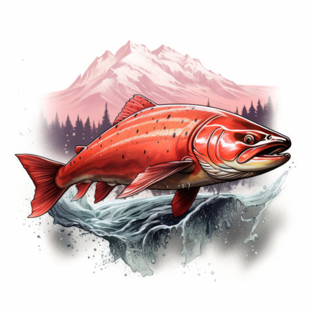 a red salmon gracefully floats in front of a picturesque white river and majestic mountains. this vibrant and detailed ink artwork captures the essence of the salmon's realistic portrayal, while incorporating elements of colorful caricature. the use of rtx and dye-transfer techniques adds depth and richness to the image. the overall style of the artwork embraces the cabincore aesthetic, creating a captivating wimmelbilder scene. aiの素材
