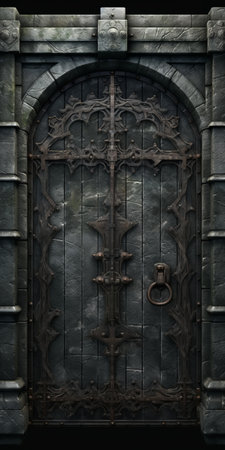 the doors and gates of the old medieval-era castle in dungeons and dragons are depicted in this photo. the metallic texture and darkly detailed design give them a grimcore appearance. the doors and gates are dark gray in color and captured in high resolution by christian griepenkerl. this photo exudes a zombiecore aesthetic. ai generatedの素材
