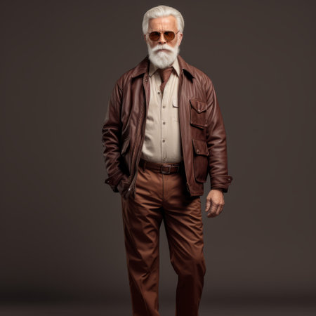 an older man, dressed in brown leather, with a beard and glasses, stands on a black background. this photo showcases a celebrity image mashup in the style of american mid-century design. the light gray and light crimson colors, along with the stylish costume design, create a bold contrast. the rich hues and monochromatic color schemes add to the lifelike figures in the image. ai generatedの素材