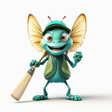an animated cartoon character, inspired by indian pop culture, is depicted waving a bat. the character is designed in a unique style, with realistic lifelike figures made of insects. the color palette includes light turquoise and light green, adding to the inventive and creative nature of the character. this illustration showcases the influence of the quito school and captures the essence of "mommys on-the-phonecore.", aiの素材