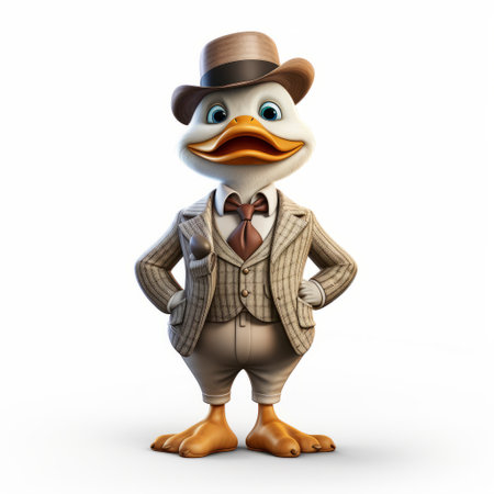 a 3d illustration of a duck in a suit and tie, inspired by animated film pioneer styles. the duck is depicted in white and beige colors, reminiscent of the dc comics and bloomsbury group aesthetics. the artwork also incorporates elements of tupinipunk, with a focus on the duck's expressive facial expression and stylish costume design. ai generatedの素材