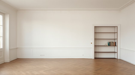 an empty room with a wood floor showcases a monochromatic palette and neoclassical clarity. the high-resolution 8k image captures the serene minimalism and pale palette reminiscent of the bloomsbury group. the dutch baroque influence adds a touch of elegance to this inviting space. ai generatedの素材
