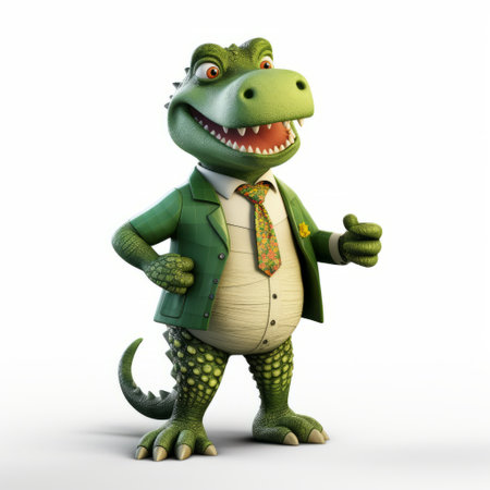 the cartoon alligator, rendered in cinema4d, stands confidently with a smile on his face. dressed in a stylish costume design, this kodak ultramax movie still captures the alligator's rich and understated sophistication. with a touch of green academia, this image exudes charm and elegance. ai generatedの素材