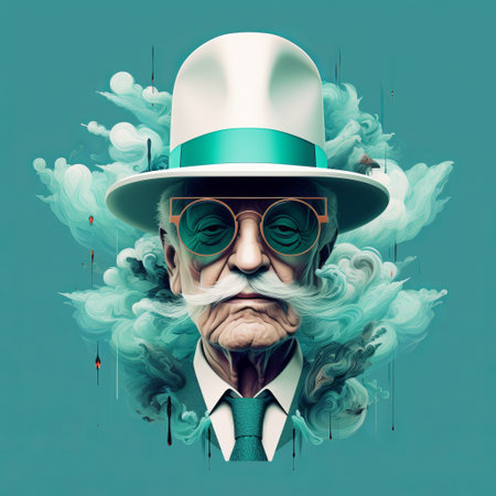 a man in a hat with a mustache is depicted in this artwork by nick w. the piece showcases sublime color contrasts, dreamlike illustrations, and a combination of silver and cyan tones. the detailed character design and photorealistic composition add to the overall appeal. this artwork embodies the style of grandparentcore and offers a spectacular show of ages. ai generatedの素材