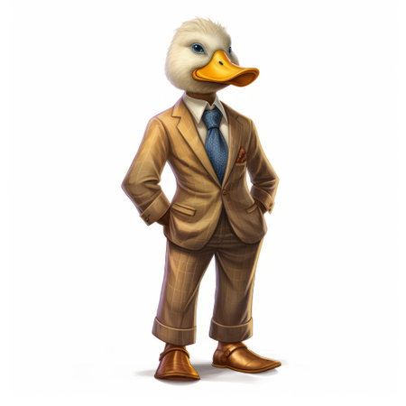 a cartoon duck, in a hyperrealistic rendering style, is depicted wearing a suit and tie. this gilded age-inspired studio portrait showcases inventive character designs and an angura kei aesthetic. the duck is adorned in elegant clothing, creating a visually stunning and detailed uhd image. ai generatedの素材