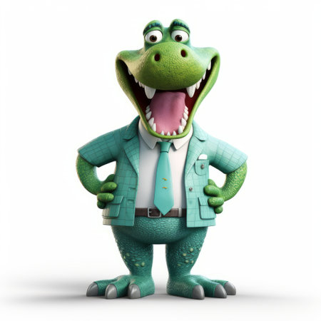 a 3d scan of a character dressed up as a humorous caricature of a tyrannosaurus, featuring a green academia and frogcore style. the design exudes understated sophistication with a glossy finish. created using daz3d, this joyful and optimistic character is sure to bring a smile to your face. ai generatedの素材