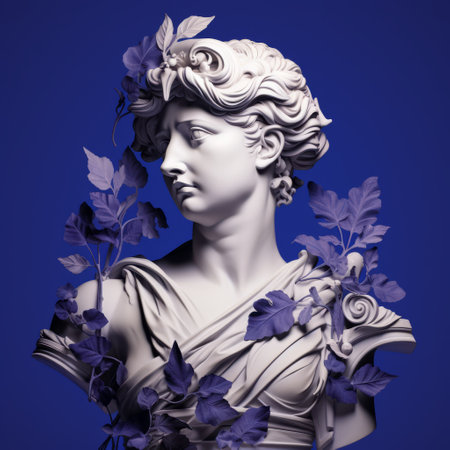 a statue adorned with flowers on her head, showcasing a unique blend of baroque and sci-fi elements. the statue is captured in high resolution (8k) with a color palette of light white and dark azure. created by the renowned artist guido reni, the composition features high contrast and intricate details, including foliage and sculptures of destroyed gadgets. ai generatedの素材