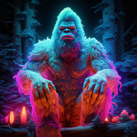 a bigfoot sits in front of a forest, illuminated by neon-infused lights. the artwork showcases a style of digitalism with realistic hyper-detailed portraits and character expressions. baroque animals and relief sculpture elements add depth to the composition. the artist employs a strong use of color, creating a visually captivating scene. ai generatedの素材