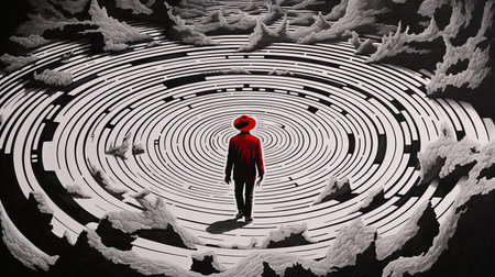 an old man, dressed in a black and red outfit, is seen walking through a psychedelic surrealist maze. the hyperrealistic illustration showcases intricate black and white circular shapes, reminiscent of digitally enhanced whirring contrivances. this visually captivating illustration combines elements of surrealism and intricate design, creating a mesmerizing and thought-provoking image. ai generatedの素材