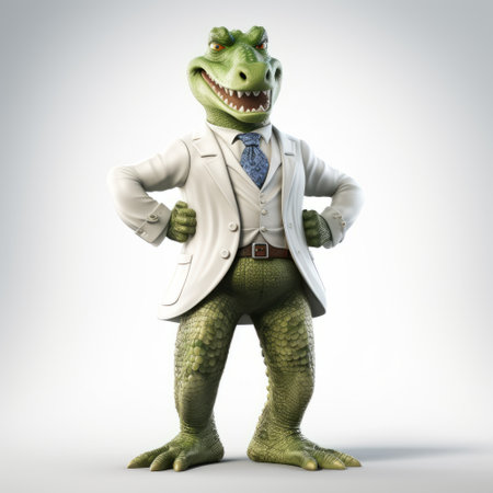 3d crocodile in a suit and tie, standing next to the wall. this satirical figuration style showcases the unique blend of daz3d technology, green academia, and a scientific approach. the crocodile's strong facial expression and playful character designs add a touch of smilecore to the overall composition. ai generatedの素材